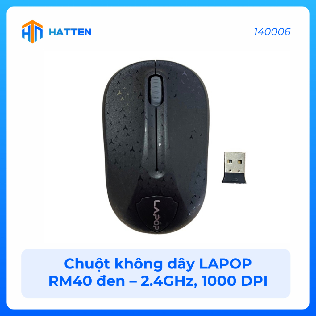 Chuột không dây LAPOP RM40 đen – 2.4GHz, 1000 DPI, 10m – Giá tốt