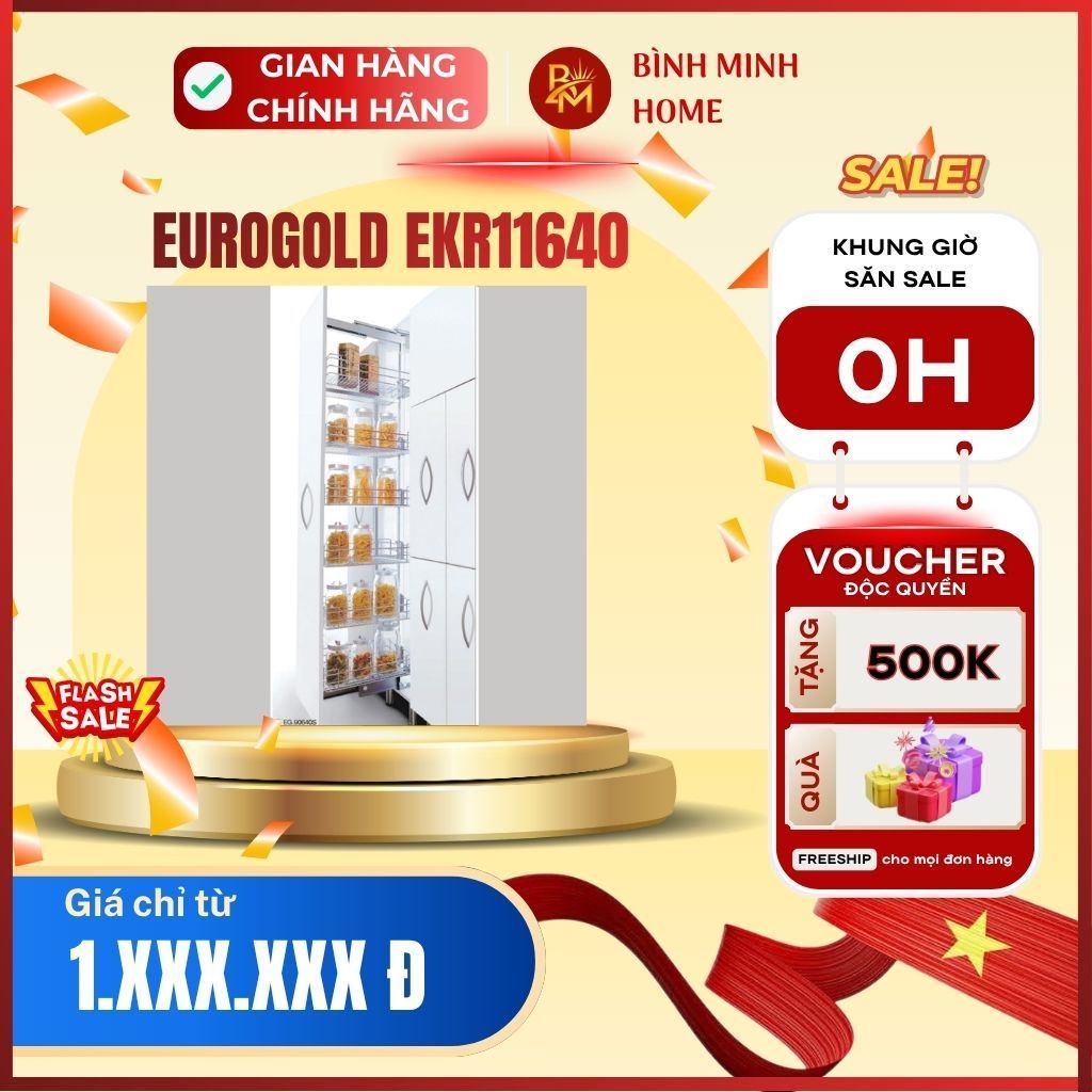 Hệ tủ kho cánh rút Eurogold EKR11640 nan inox 304 cao cấp 6 tầng lưu trữ đồ khô giảm chấn êm ái