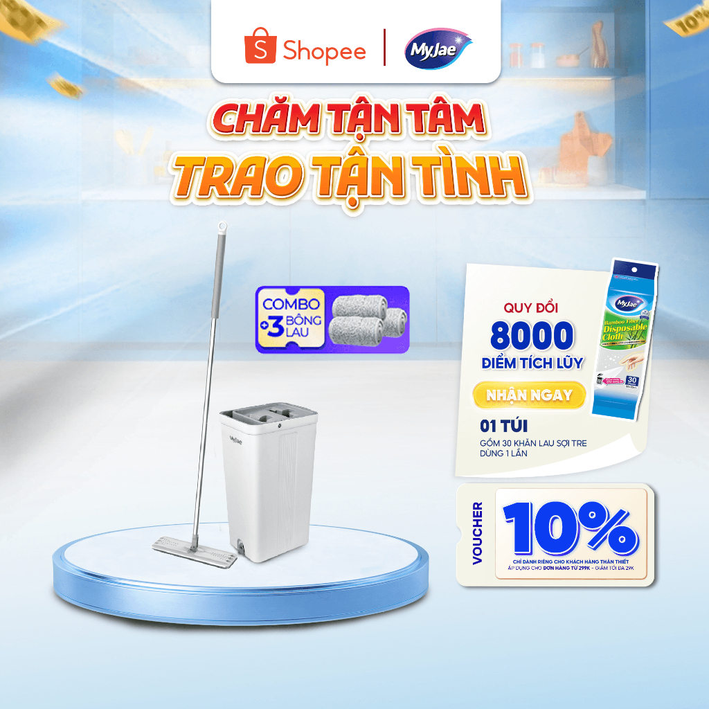 Combo 3 bông lau + 1 cây lau nhà tự vắt kèm thùng 2 ngăn xoay 360 độ thông minh lau sạch nhanh khô M
