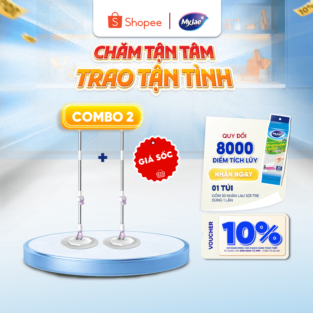 COMBO 2 Cây Lau Nhà Đơn MyJae Sợi Microfiber Xoay 360 Độ