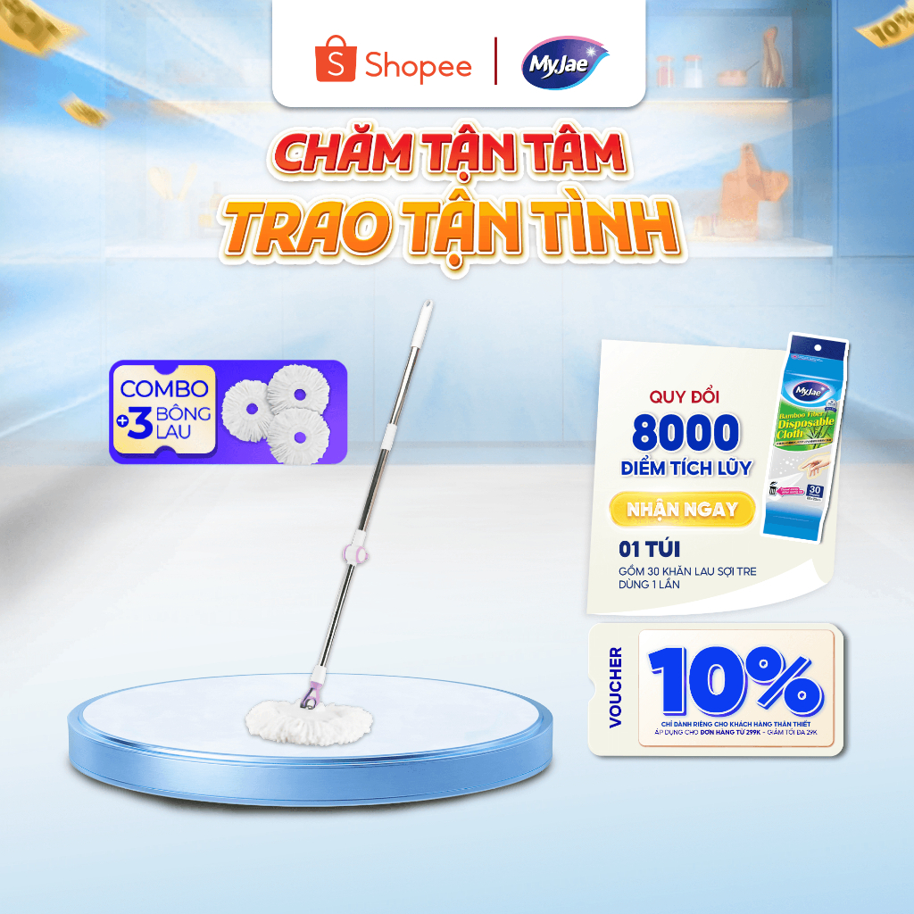 Combo 3 Bông Lau+1 Cây Lau Nhà Đơn MyJae Sợi Microfiber Xoay 360 Độ Phù Hợp Nhiều Loại Thùng Lau