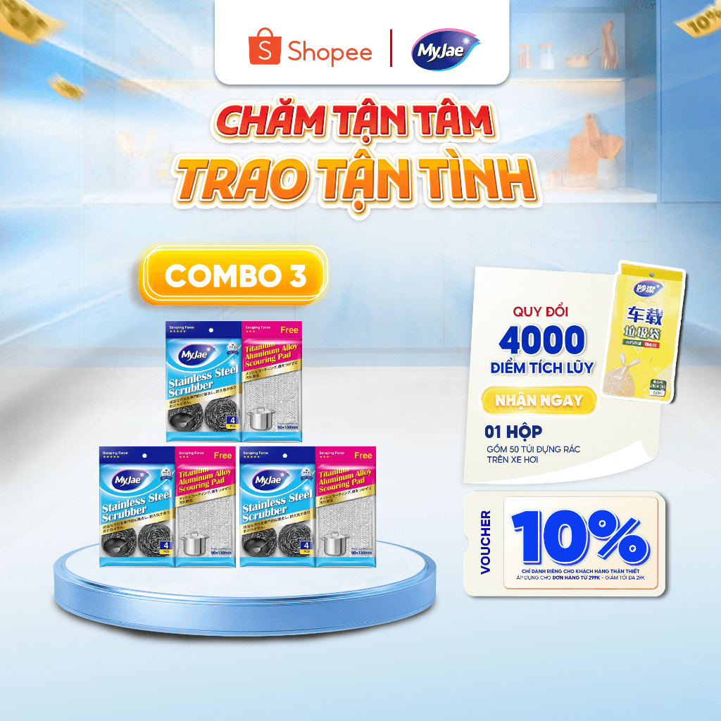 COMBO 3 Bịch Búi Sắt Cọ Xoong Nồi KÈM Miếng Chà Nồi Đa Năng MyJae