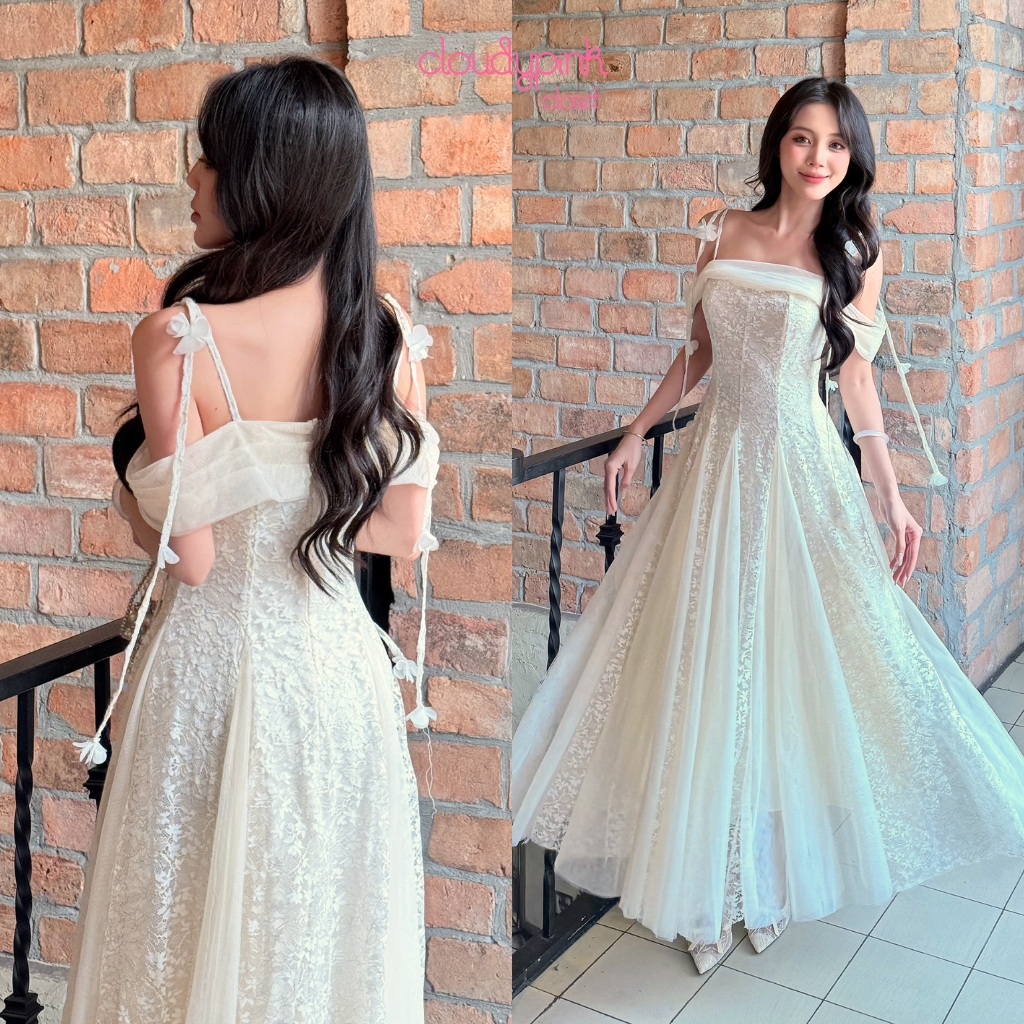 Váy dự tiệc trễ vai dài maxi ren phối lưới Giselle Dress Cloudypink Closet