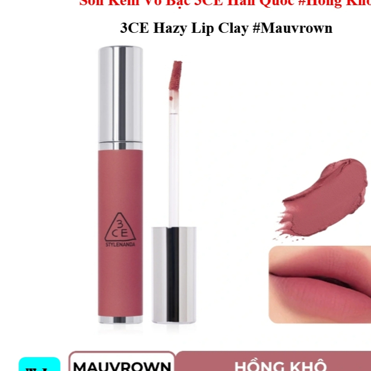 3CE Hazy Lip Clay #MAUVROWN - Son Kem 3CE Vỏ Bạc Hàn Quốc Màu #Hồng Khô  -  4,0g