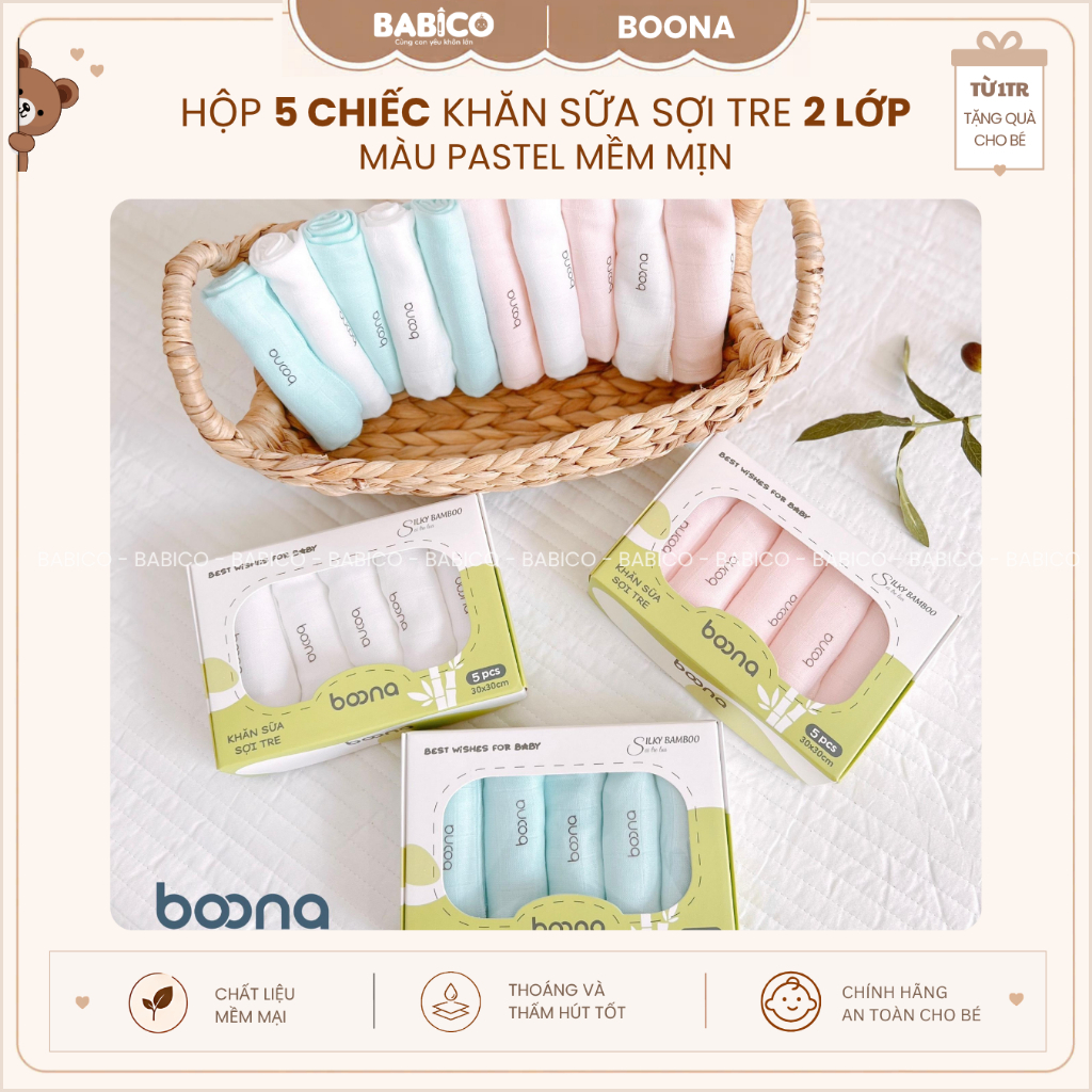 Hộp 5 Khăn Sữa Sợi Tre Hai Lớp Hàng Chính Hãng Boona Cao Cấp Chất Vải Mềm Mịn Size 30x30cm