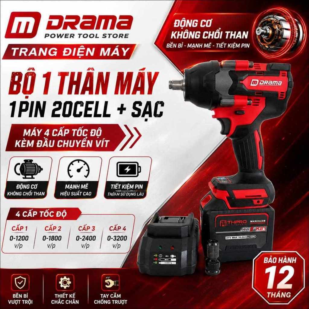 Máy Bulong Pin DRAMA D-5598 + pin 20cell Lực Siết Khỏe Động Cơ Không Chổi Than