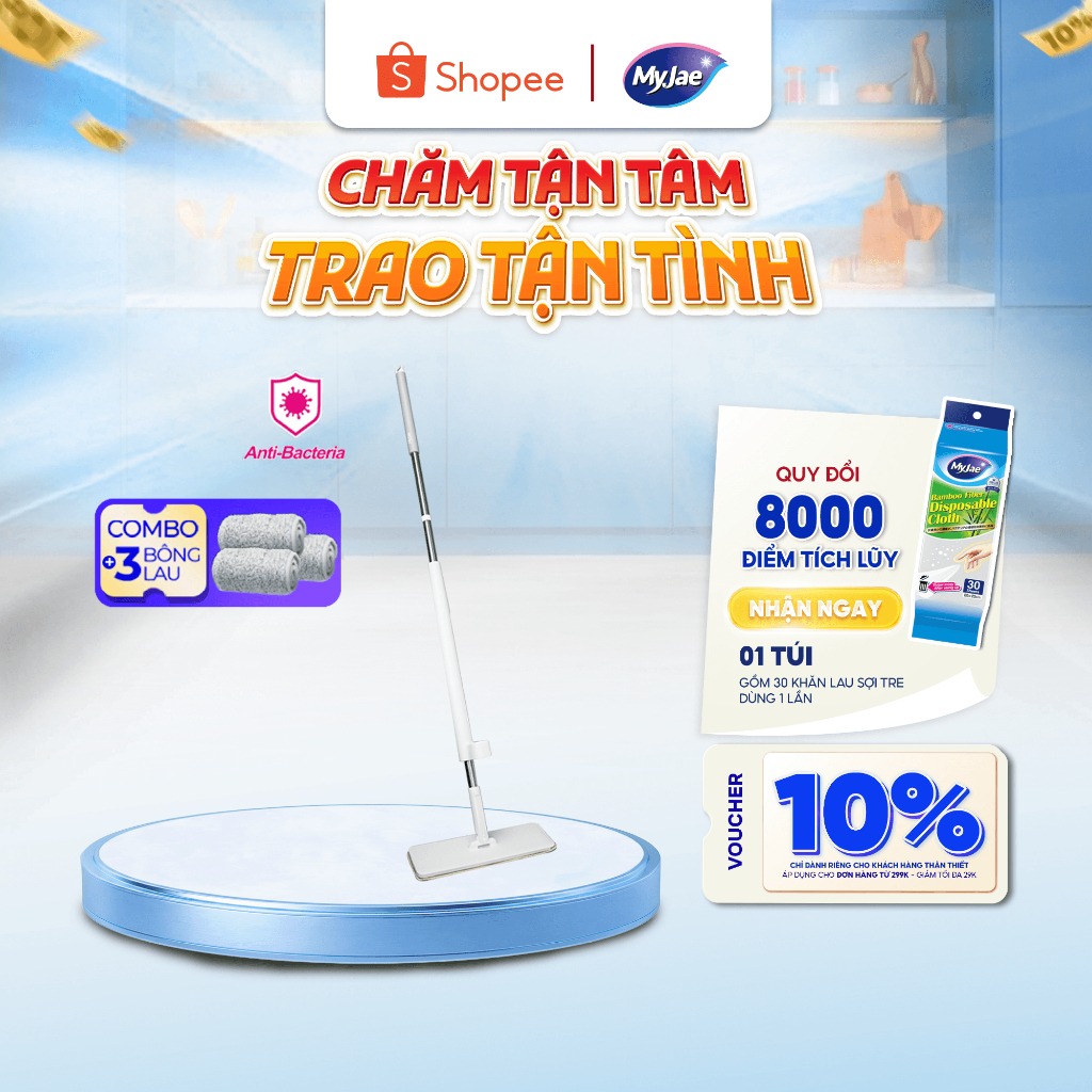 Combo 3 Bông Lau + 1 Cây Lau Nhà MyJae Đài Loan Sợi Microfiber Tự Vắt Kháng Khuẩn Ag+ 120cm