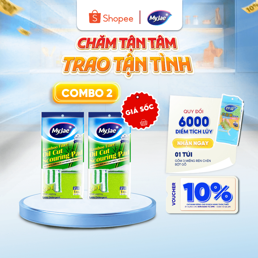 COMBO 2 Miếng rửa chén đa năng sợi tre MyJae, miếng rửa chén chống xước 2 mặt, siêu bền đánh bay dầu