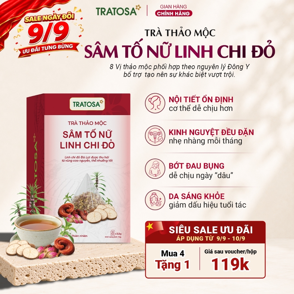 Trà sâm tố nữ linh chi đỏ TRATOSA trà thảo mộc hỗ trợ giảm đau bụng kinh, cân bằng nội tiết, cải thi