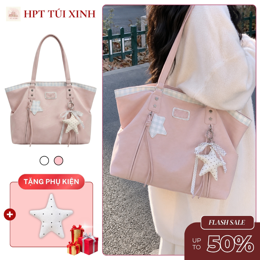 𝐂𝐓𝟎𝟐𝟕 - Túi tote nữ đeo vai da pu phối kẻ caro tặng charm cute, túi xách nữ màu pastel đựng a4 laptop đi học đi làm