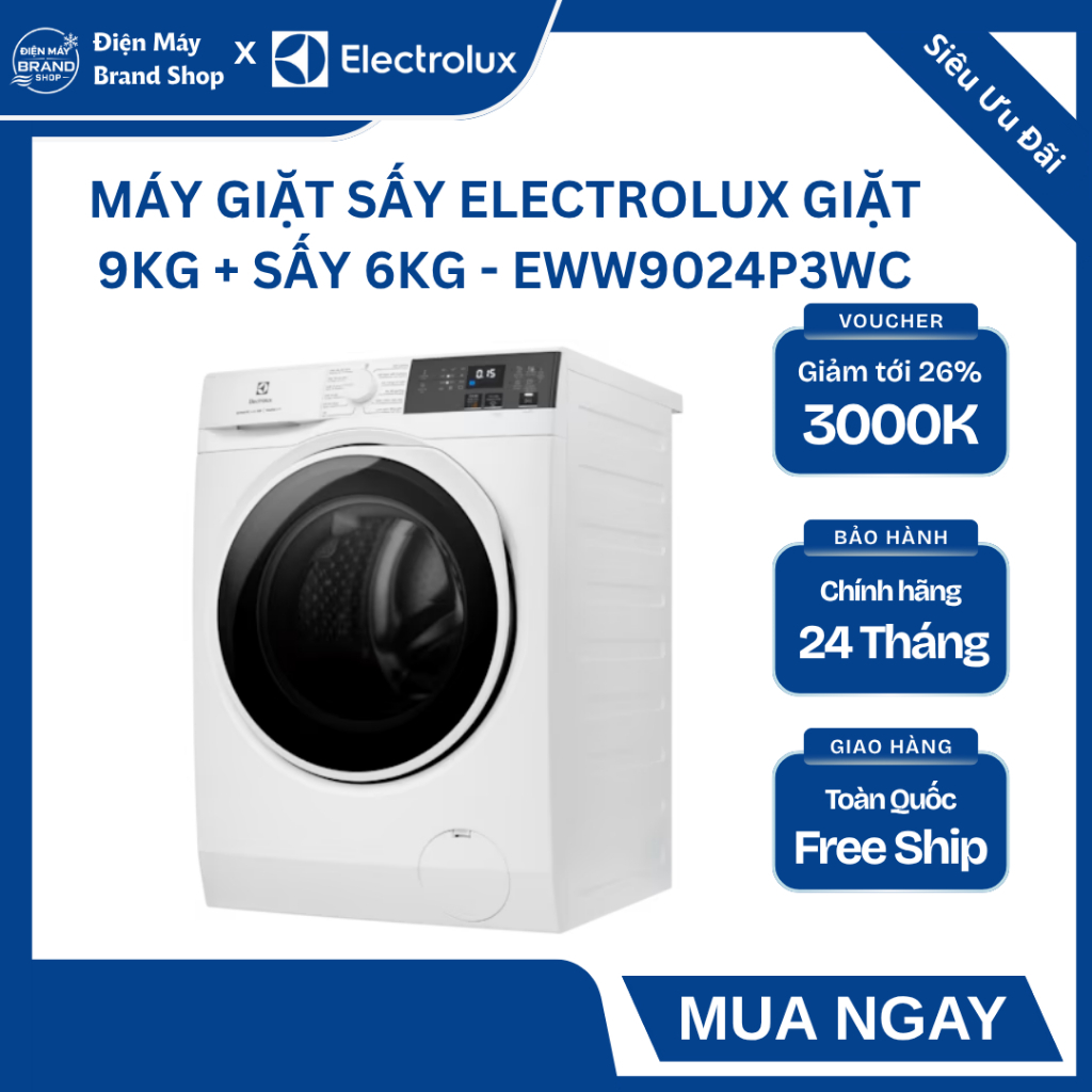 MÁY GIẶT SẤY CỬA TRƯỚC ELECTROLUX INVERTER GIẶT 9 KG - SẤY 6 KG EWW9024P3WC - TÍCH HỢP 2 TRONG 1 GIẶ