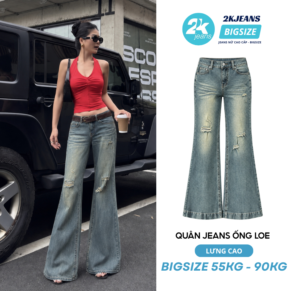 Quần Jeans Nữ Ống Loe Co Giãn Lưng Cao Bigsize Phối Rách Hiện Đại Sang Trọng QC530 2KJeans