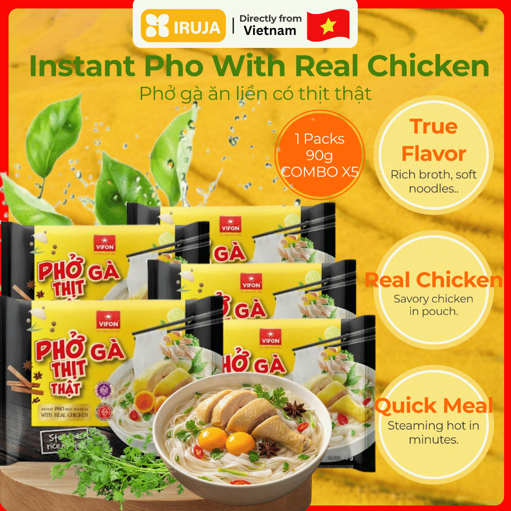 [IRUJA VIETNAM] PHỞ GÀ THỊT THẬT VIFON 90G (COMBO X5)