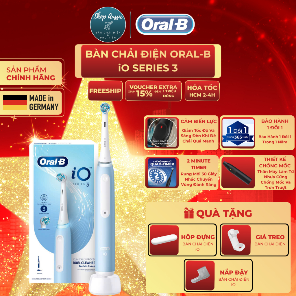 [MUA LÀ TẶNG] Bàn Chải Điện Oral-B iO Series 3 - 3 Chế Độ Làm Sạch, Cảm Biến Áp Suất, Loại Bỏ Mảng B