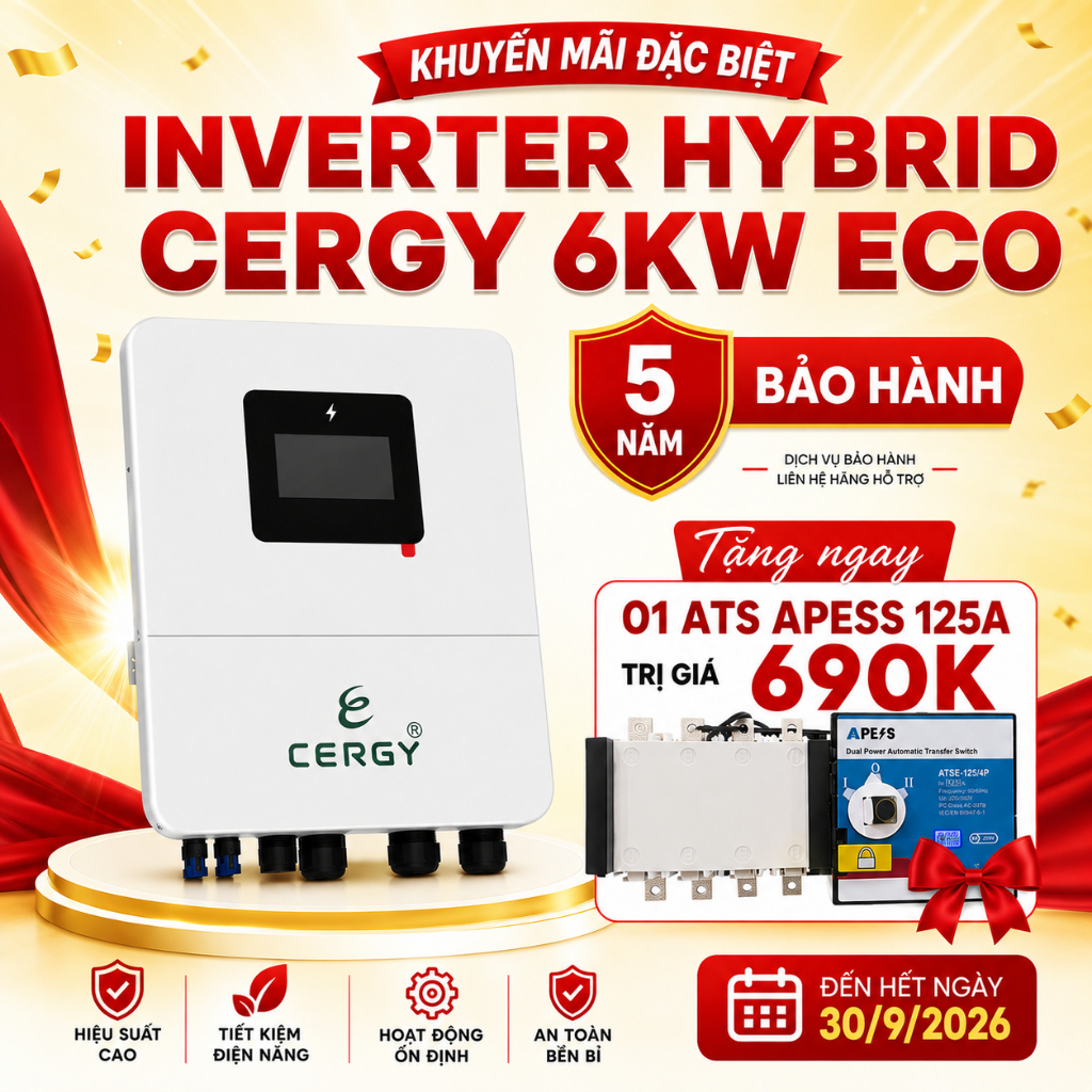 [TẶNG 1 ATS APESS 125A] Inverter Hybrid CERGY 6kW ECO , Biến tần 6kW