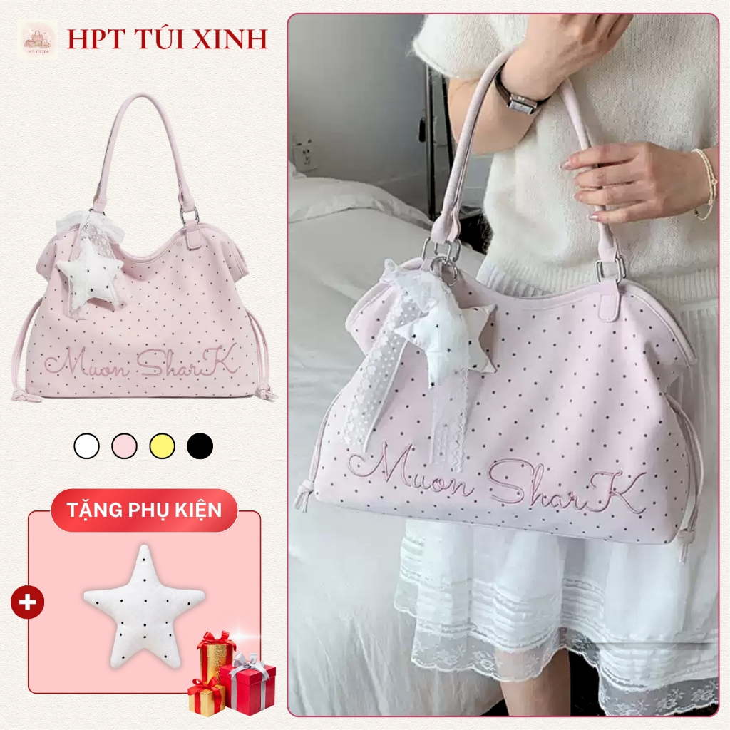 𝐂𝐓𝟎𝟎𝟒 - Túi tote nữ đeo vai chấm bi thêu chữ moonshark tặng charm siêu xinh, túi xách nữ pastel hàn quốc đựng a4 laptop