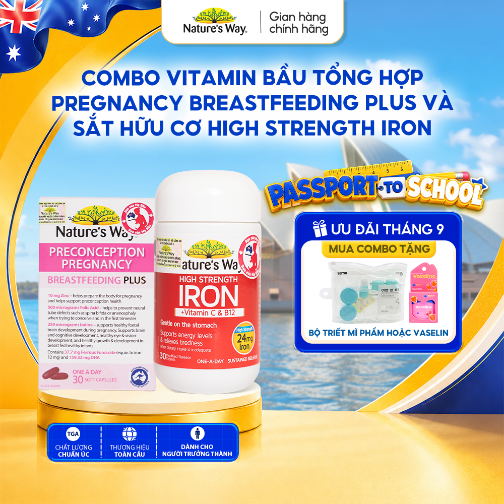 Combo Vitamin Bầu Thông Minh: Vitamin Bầu Tổng Hợp Nature's Way Pregnancy Breastfeeding Plus và Sắt 