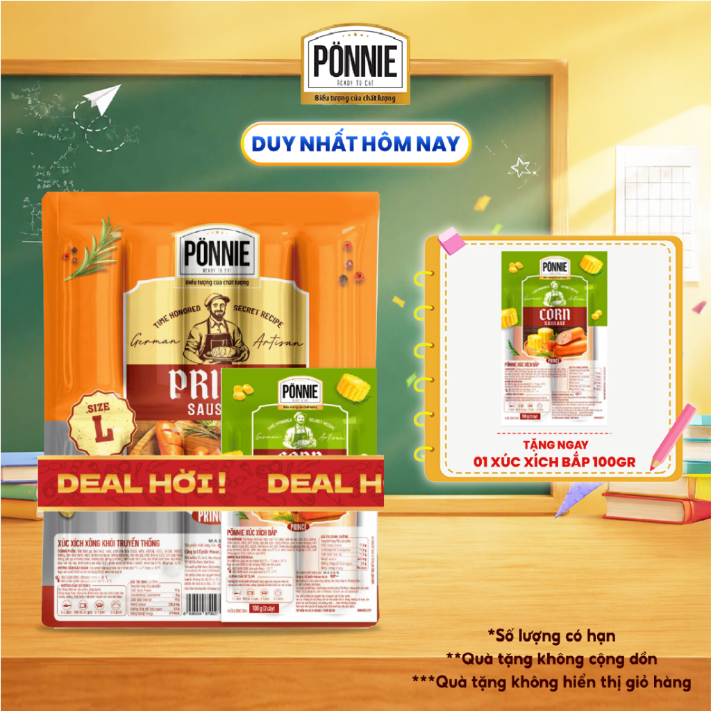 [GIAO HÀNG HCM] Xúc xích thanh trùng Ponnie xông khói truyền thống 10cây x 50gr (tặng 2 XX thanh trù