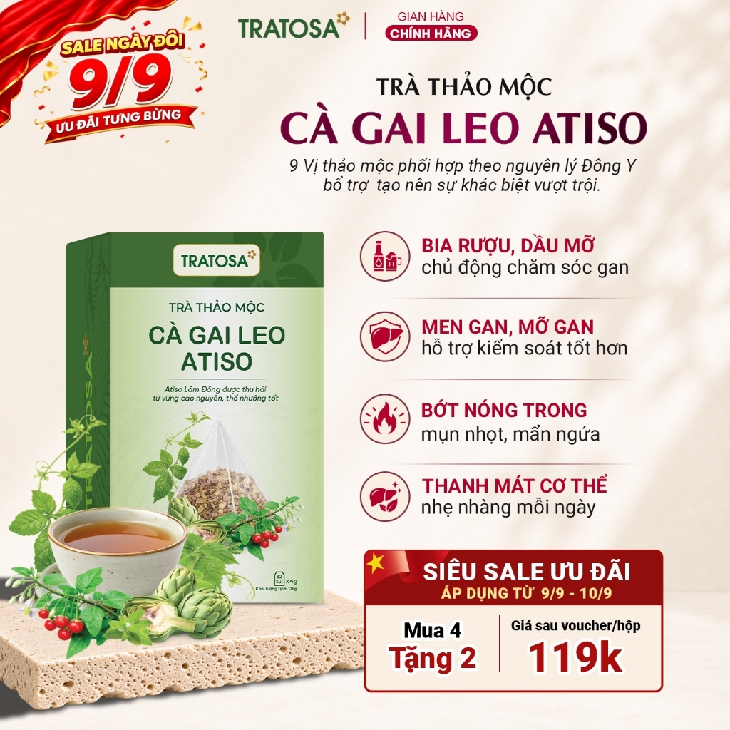 Trà cà gai leo atiso TRATOSA trà thảo mộc mát gan, thanh nhiệt, giải độc an toàn từ thiên nhiên, hộp