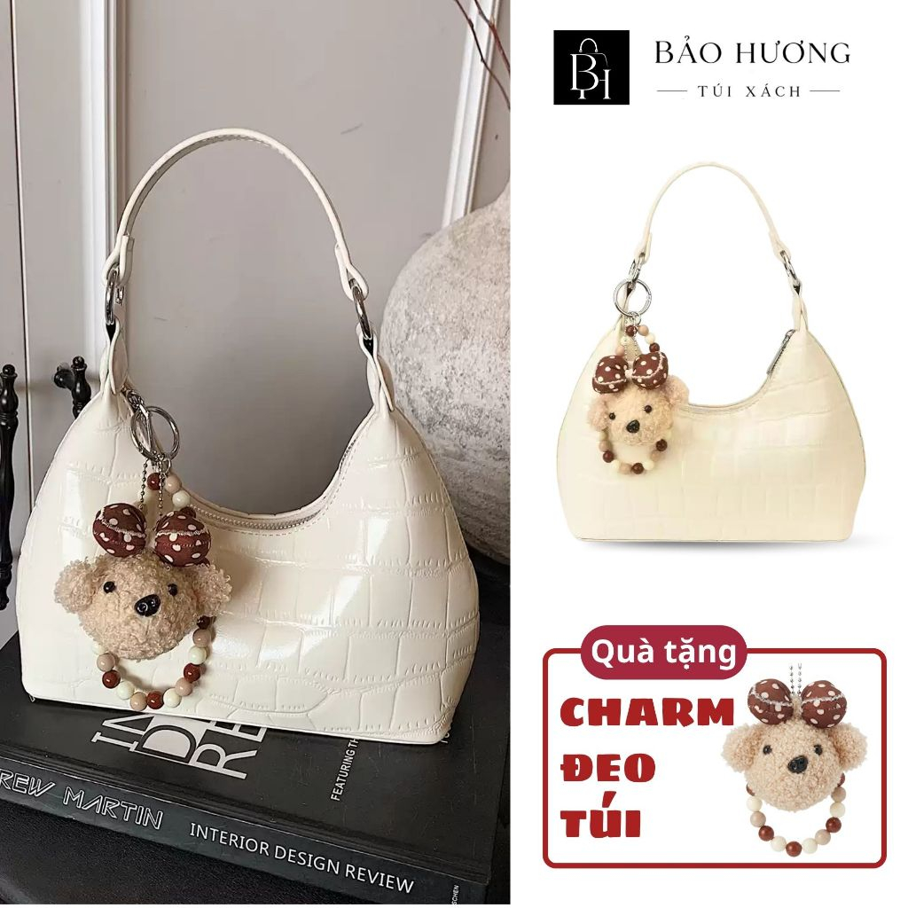 Túi Kẹp Nách Nữ Da PU Vân, Túi Cầm Tay Nữ Thời Trang Kèm Charm, Dáng Nhỏ Gọn