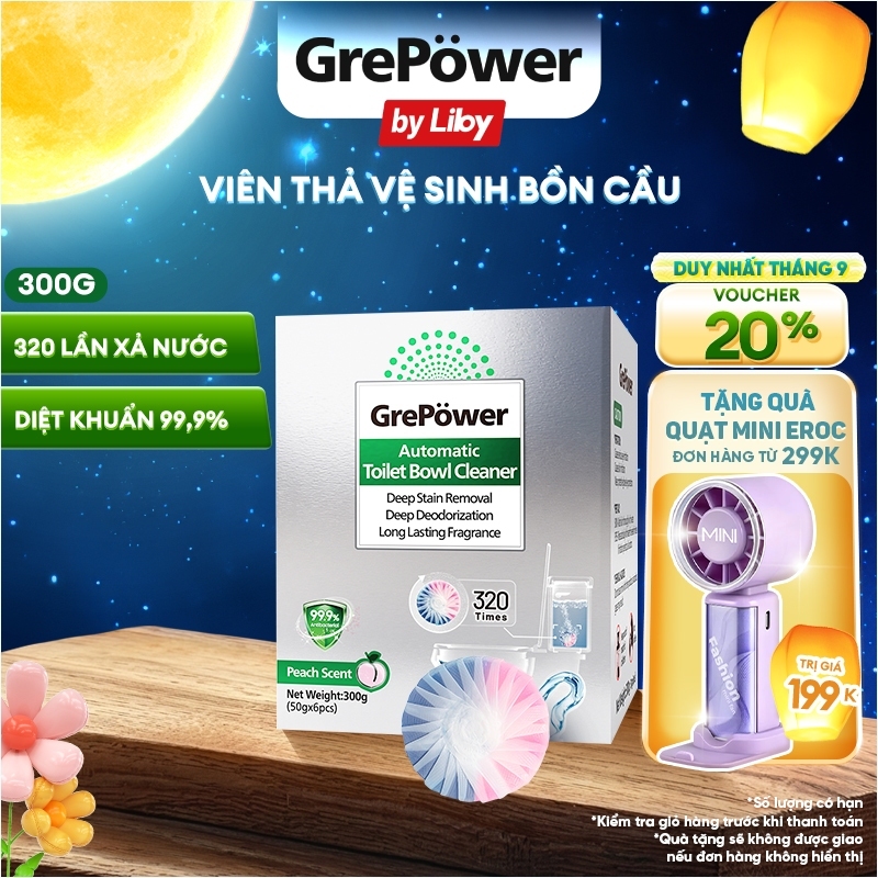 Viên Thả Bồn Cầu Hương Đào GrePower By Liby, Khử Mùi, Diệt Khuẩn 99.9%, Sử Dụng Đến 320 Lần Xả