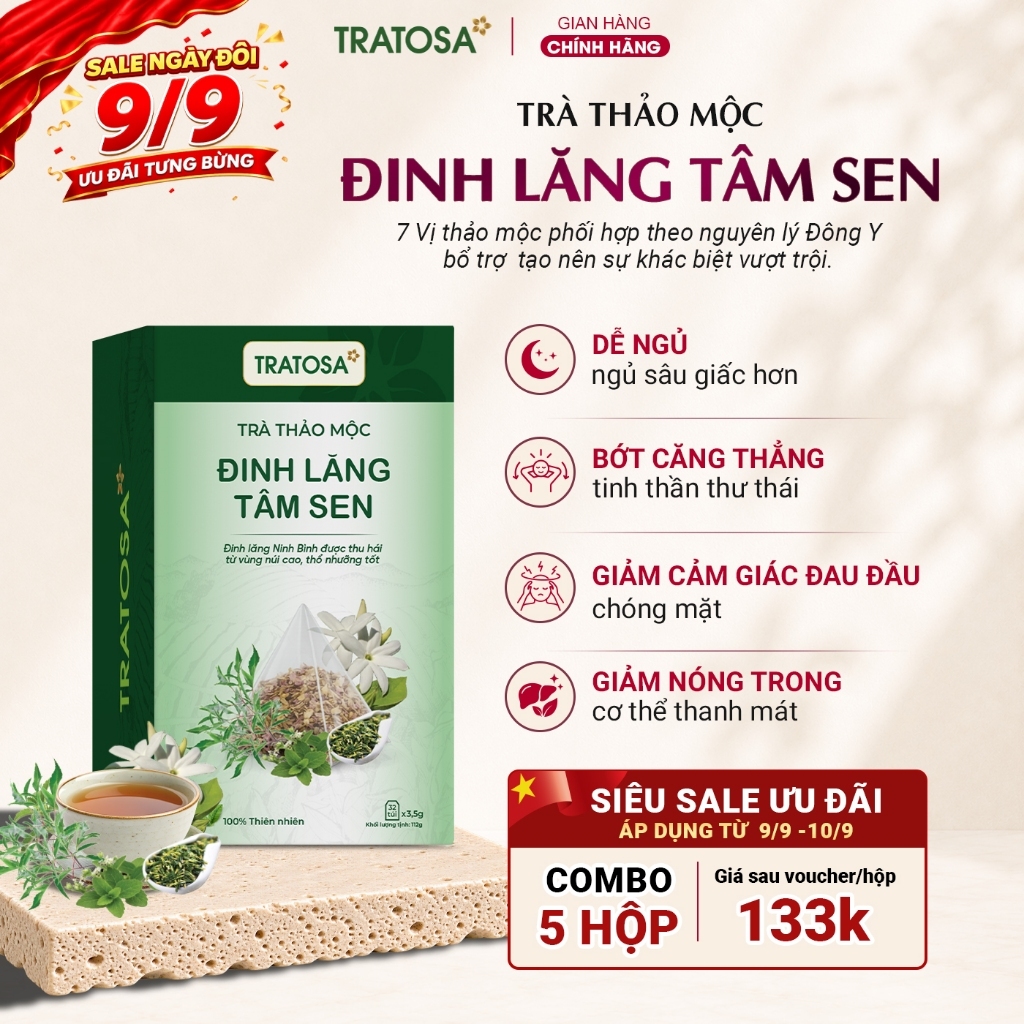 Trà đinh lăng tâm sen TRATOSA 6 vị thảo mộc giúp ngủ ngon, giảm căng thẳng, tiền đình, thanh nhiệt