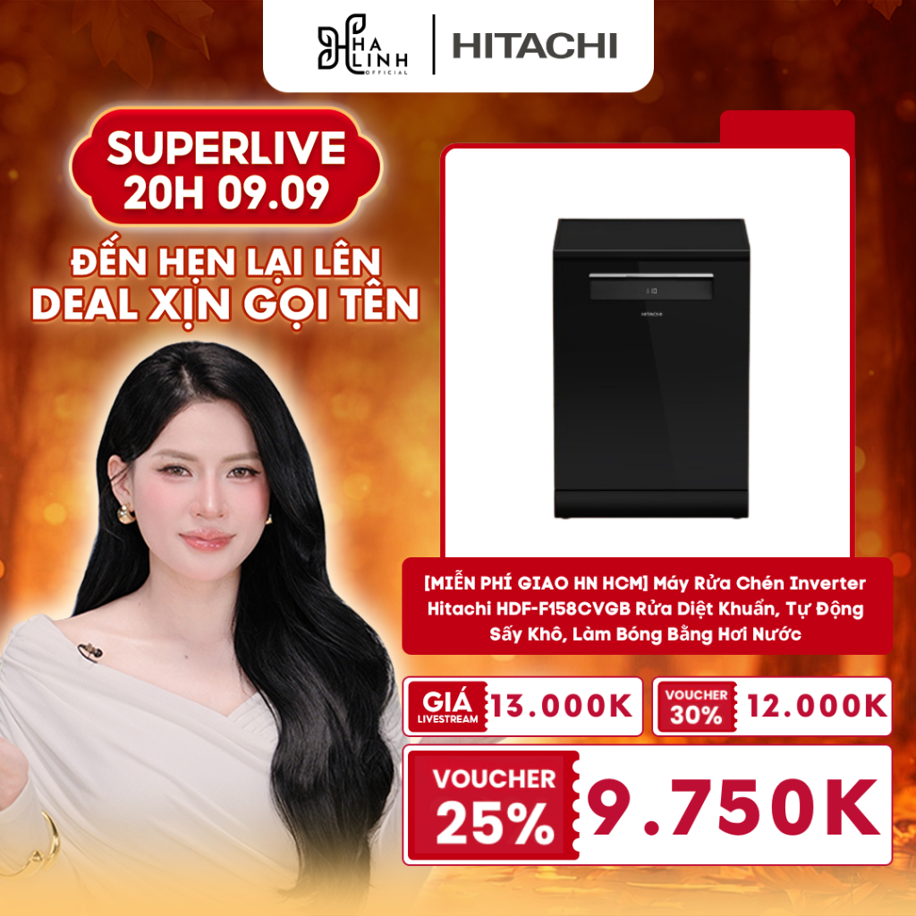 [Võ Hà Linh x Hitachi]Máy Rửa Chén Inverter Hitachi HDF-F158CVGB Rửa Diệt Khuẩn, Tự Động Sấy Khô, Là