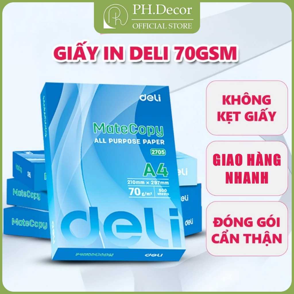[Combo 5 Ream] Giấy in A4, giấy photo Deli MateCopy 70gsm - Ream giấy A4 500 tờ