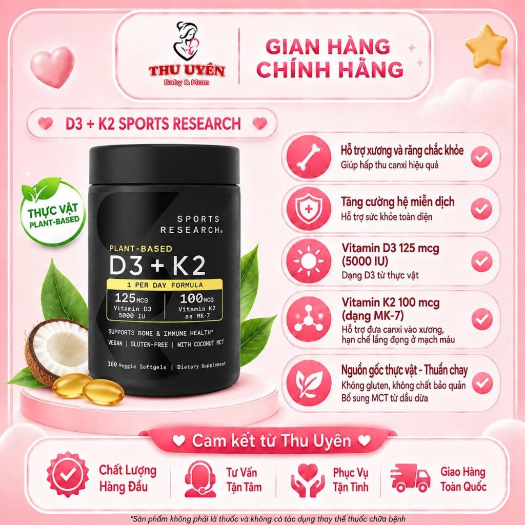 Viên Uống Bổ Sung Vitamin D3 + K2 Sport Research 160 Viên Của Mỹ