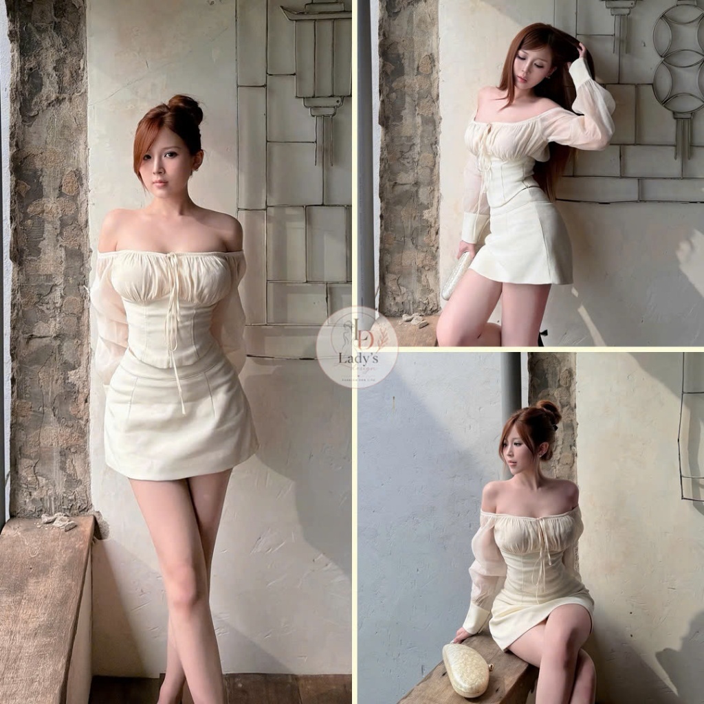 Set Đồ Nữ Lady's Design Áo Trễ Vai Corset Siết Eo Tay Voan Tơ Kèm Chân Váy Ngắn Chéo Hàn Cao Cấp