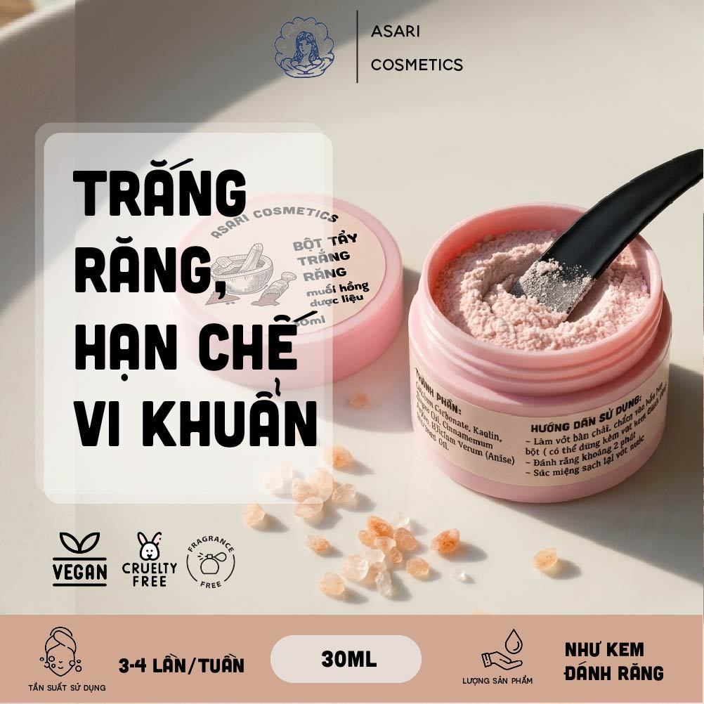 [30ml] Bột trắng răng muối hồng dược liệu hỗ trợ trắng răng handmade Asari Cosmetics