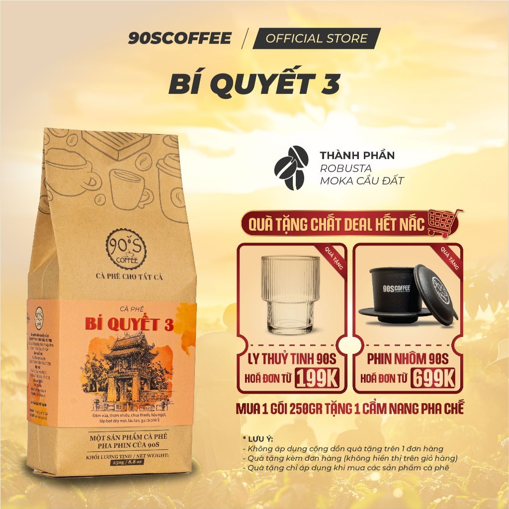 Cà Phê Bí Quyết 3 Blend Robusta & Moka Cầu Đất Rang Mộc - Đậm Đà, Hậu Ngọt, Thơm Lâu - 90S COFFEE