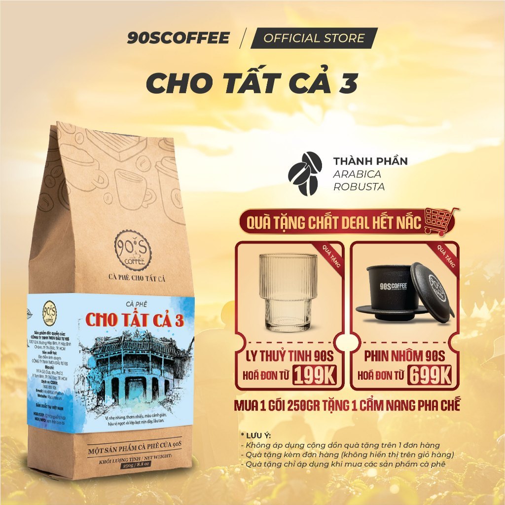 Cà Phê Cho Tất Cả 3 Blend Robusta & Arabica Rang Mộc - Đắng Dịu, Hậu Ngọt, Thơm Dịu - 90S COFFEE