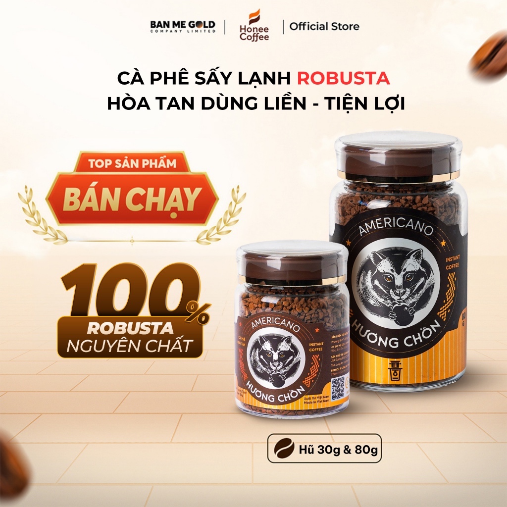 Cafe Sấy Lạnh Nguyên Chất - Cà Phê Sấy Lạnh Hoà Tan Đen 100% Robusta (Hũ 30g/80g) - Cf Sấy Lạnh Hươn