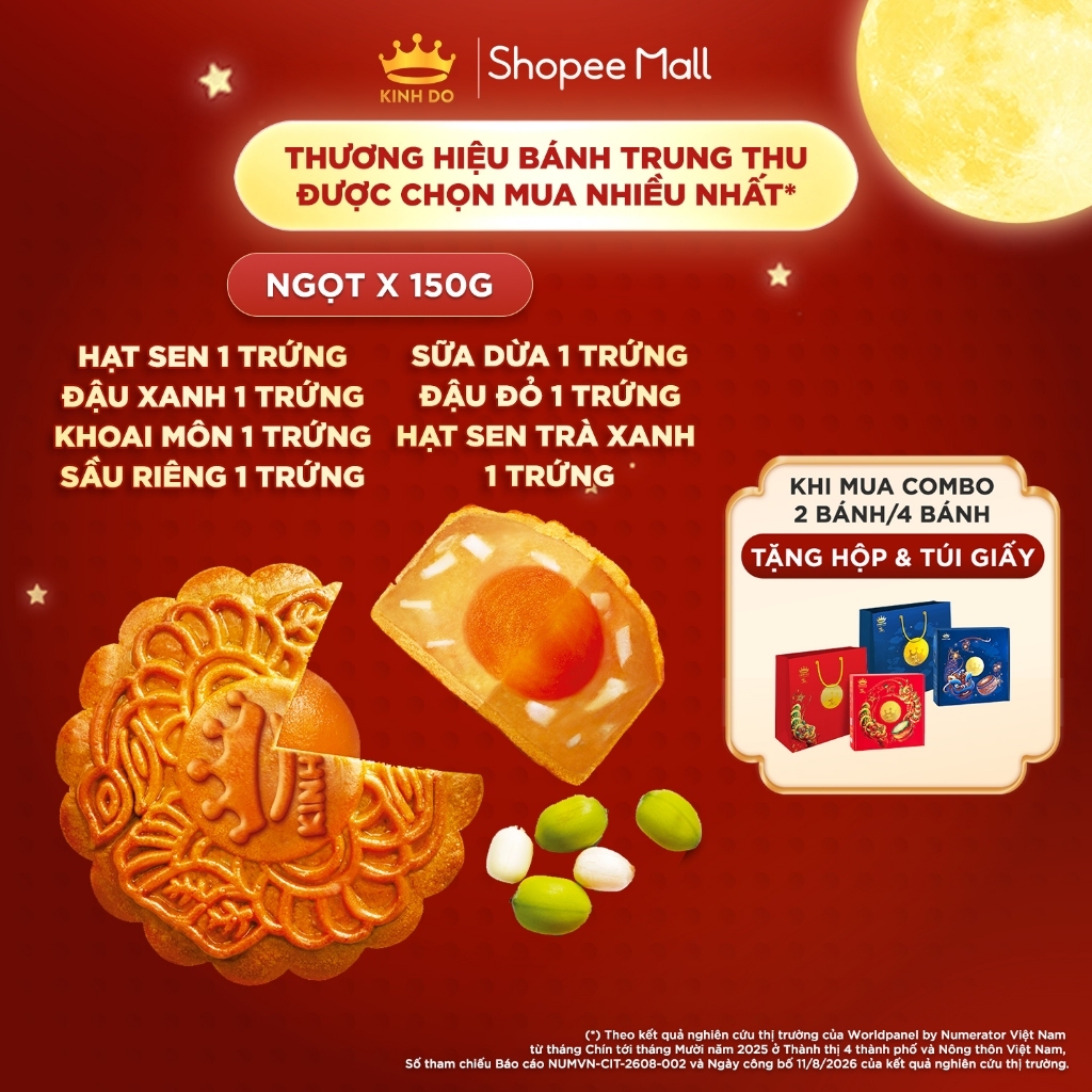 Bánh trung thu Kinh Đô - Bánh nướng nhân ngọt 1 trứng 150g (Hạt sen/ Đậu xanh/ Khoai môn/ Sầu riêng/ Sữa dừa/ Đậu đỏ)