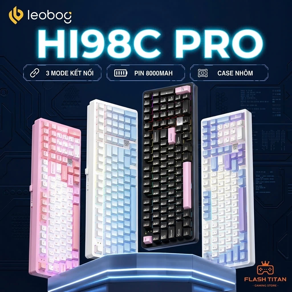 Bàn phím cơ không dây LEOBOG HI98C PRO - bàn phím nhôm 3 mode - Led RGB mạch xuôi - Pin 8000mAh