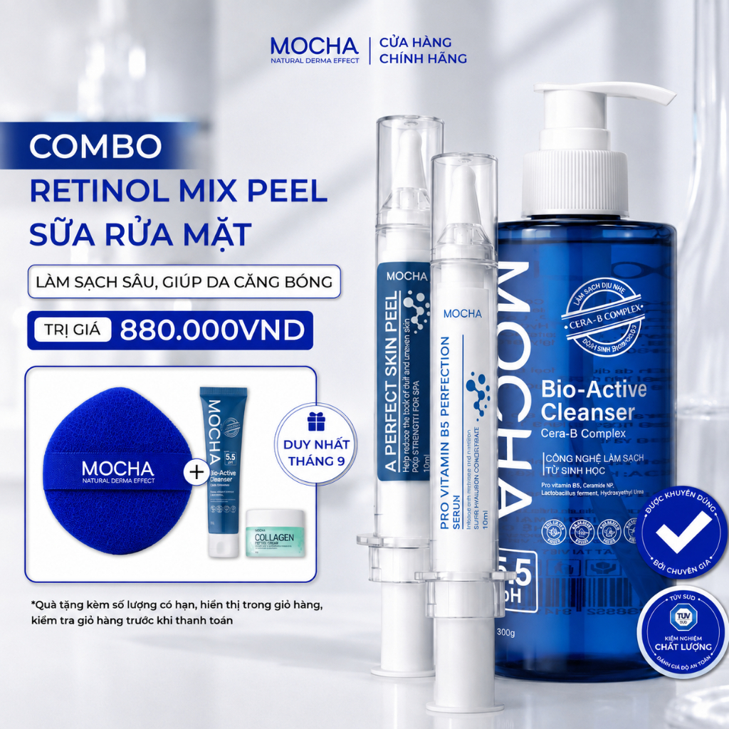 Combo Peel Da Mocha Retinol + Sữa Rửa Mặt Bio Active Cho Cả Da Dầu Mụn Nhạy Cảm, Peel Da Tại Nhà