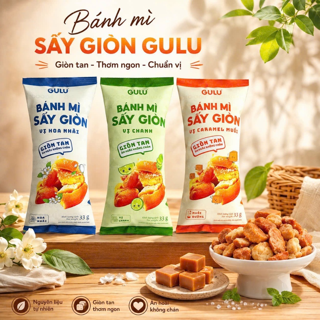 Bánh mì sấy giòn Gulu Foods gói 33gr vị Hoa nhài - Caramen muối - Chanh