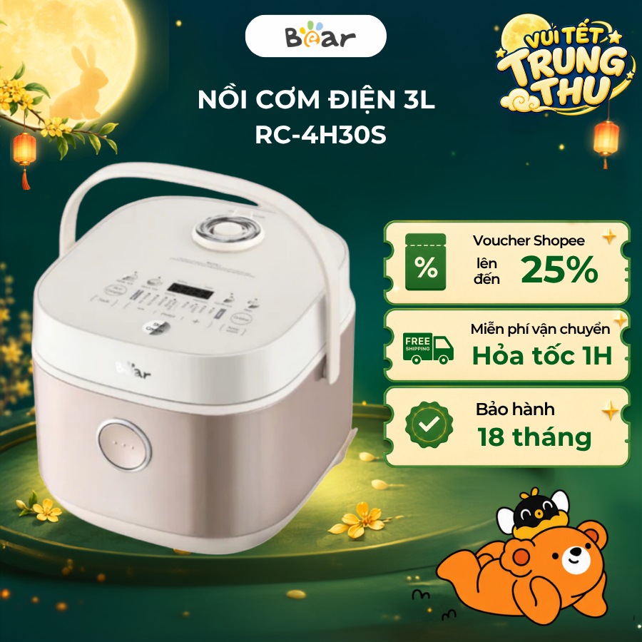 Nồi cơm điện 3L (Lòng nồi 1L) đa năng Bear RC-4H30S,600W, 12 chế độ,Lòng gang chống dính,BH 18 Tháng