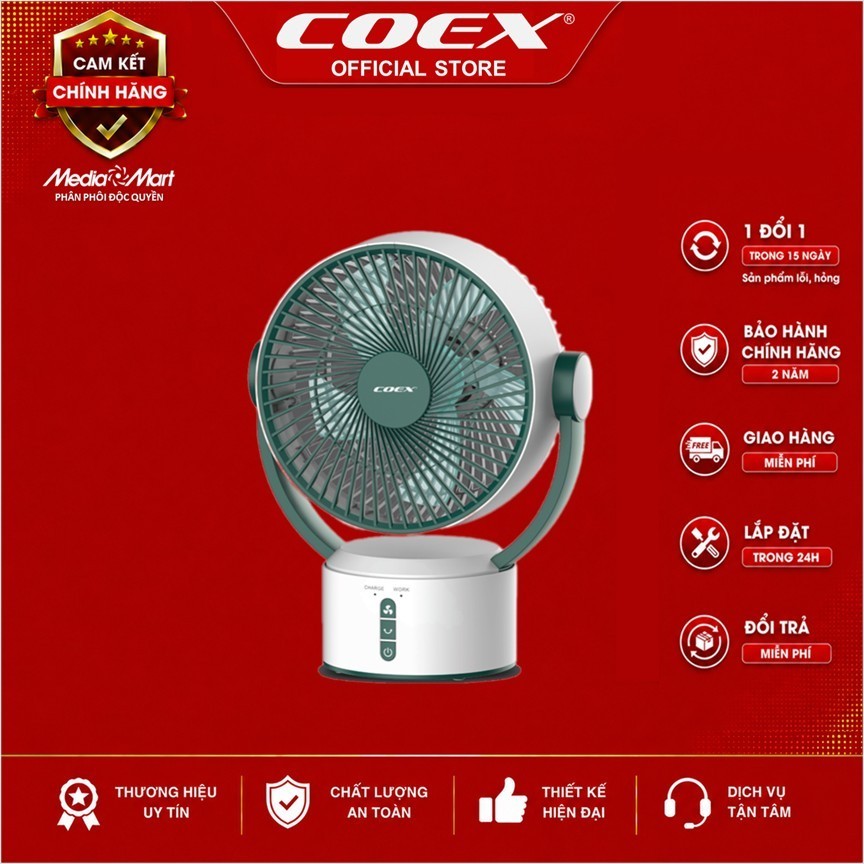 Quạt tích điện Coex CF-7113R - Kích thước 337x175x269mm, Pin Lithium 3600mAh, Hoạt động liên tục 10 giờ