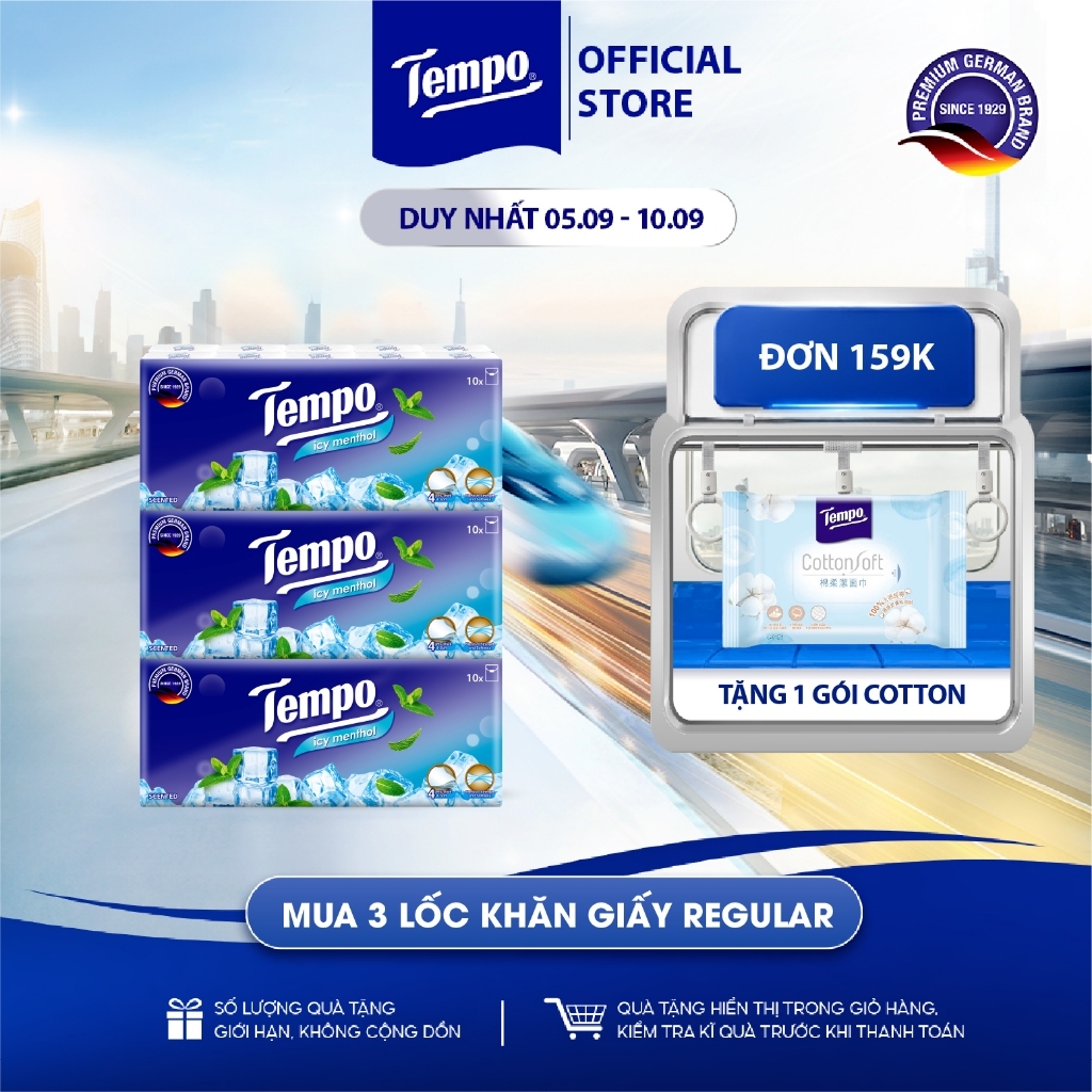 [COMBO 3 LỐC x 10 GÓI] Khăn Giấy Bỏ Túi Regular 10 Cao Cấp Tempo- 4 lớp bền dai - Thương hiệu Đức