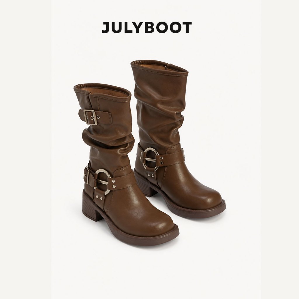 (tăng size) HÀNG LOẠI 1 Boot nâu nữ Cổ Cao Bốt Cao Bồi Biker boots - Đế 6 cm Cổ chùng Phong Cách vin