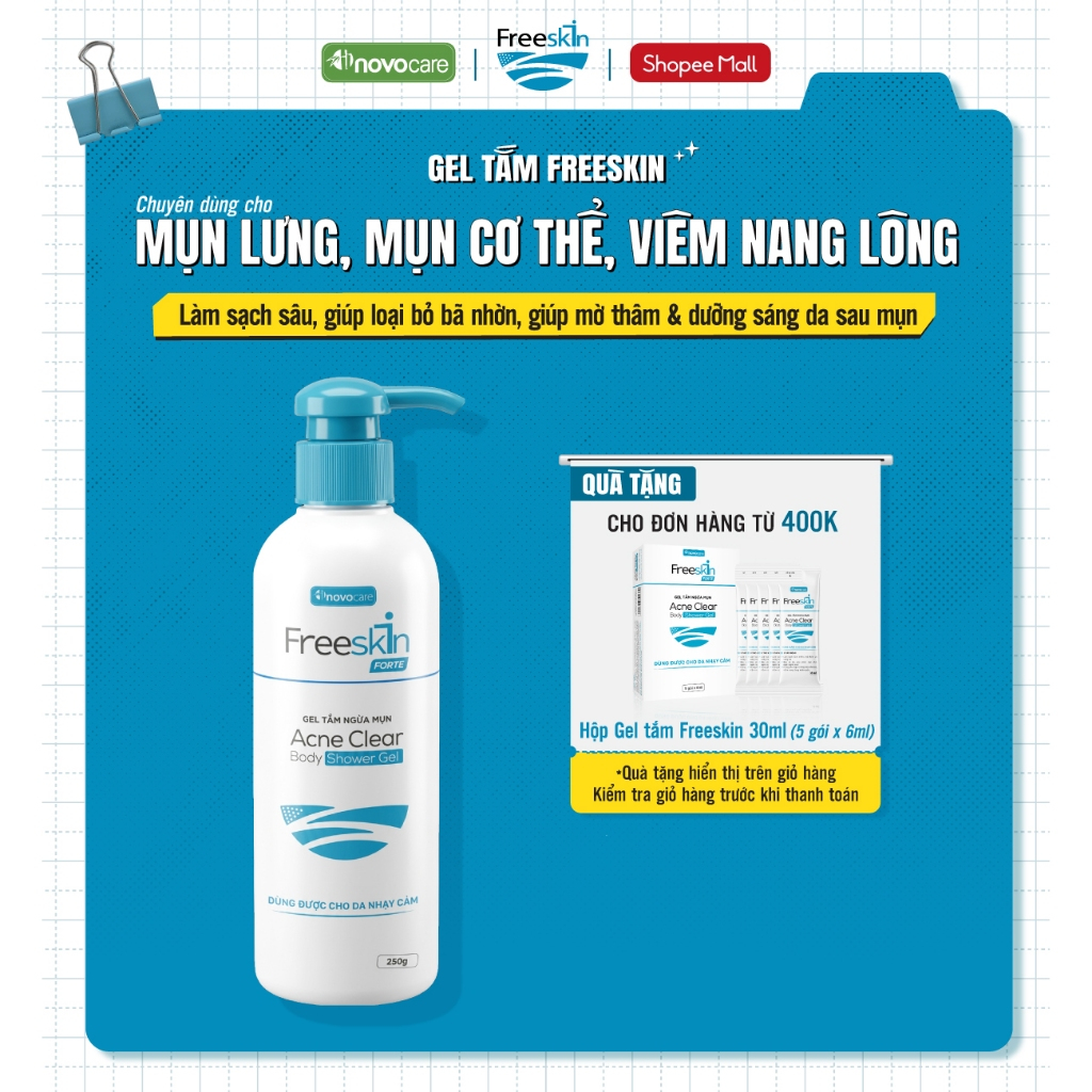 Gel tắm mụn lưng, viêm nang lông, dày sừng nang lông Freeskin - Novocare Acne Clear Body Shower Gel 