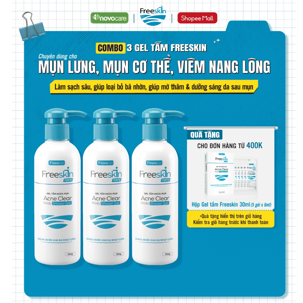 Set 3 Gel tắm mụn lưng, viêm nang lông, dày sừng nang lông Freeskin - Novocare Acne Clear Body Showe
