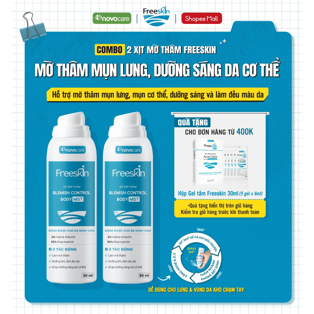 Set 2 Xịt mờ thâm Freeskin - Novocare Mờ thâm mụn lưng, mụn cơ thể, viêm nang lông, giảm thâm sạm, d