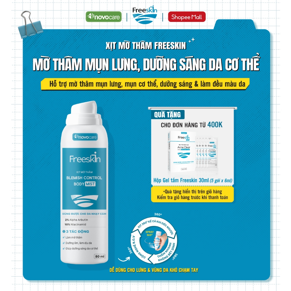 Xịt mờ thâm Freeskin - Novocare Mờ thâm mụn lưng, mụn cơ thể, viêm nang lông, giảm thâm sạm, dưỡng s