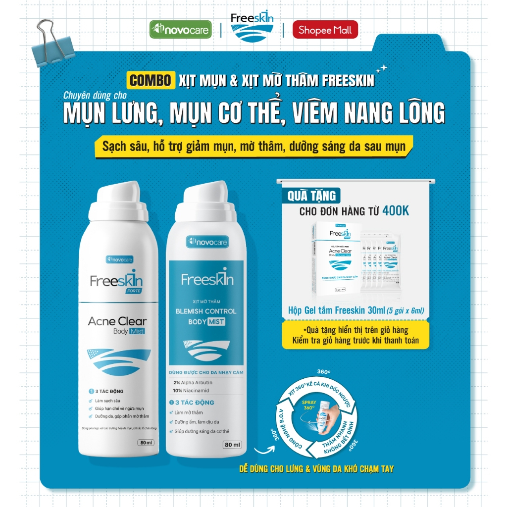 Combo Xịt mụn lưng, viêm nang lông & Xịt mờ thâm mụn lưng Novocare - Freeskin hỗ trợ giảm mụn, giảm 