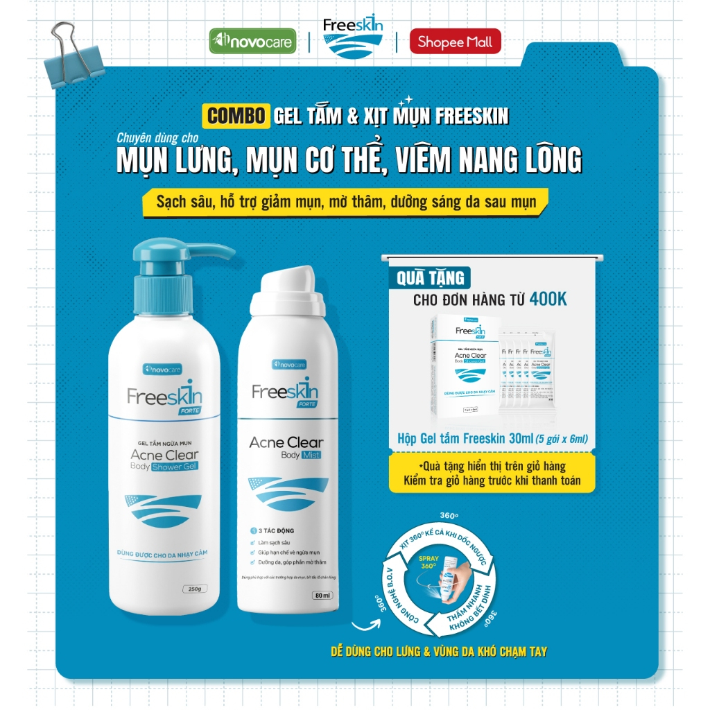 [LIVE] Xịt mụn lưng & Gel tắm Freeskin - Novocare hỗ trợ giảm mụn toàn thân, viêm nang lông, mờ thâm