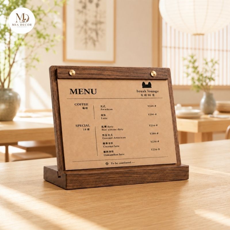 Kẹp Menu Gỗ Để Bàn A3 A4 A5, Menu Stand Ngang Gỗ Tự Nhiên, Bảng Menu Nhà Hàng Khách Sạn Khắc Logo