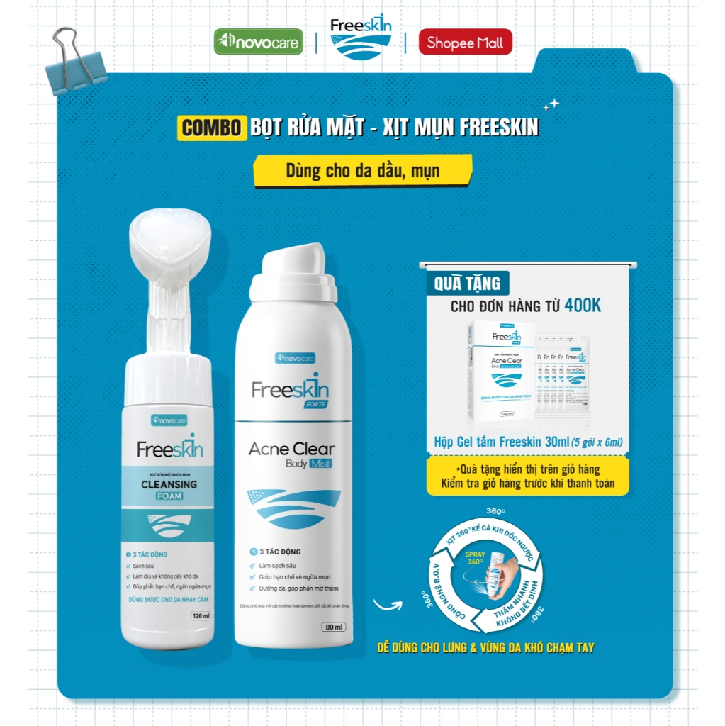 Combo Xịt mụn Acne Clear Body Mist 80ml & Bọt rửa mặt ngừa mụn Cleansing Foam 120ml Novocare - Frees